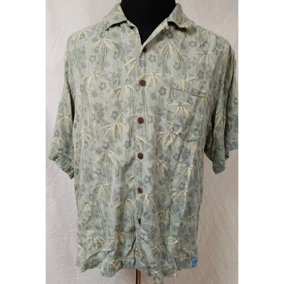 Bermuda Bay Large Green Floral Palm Trees Hawaiian Tropical Silk Button Shirt - Picture 1 of 11